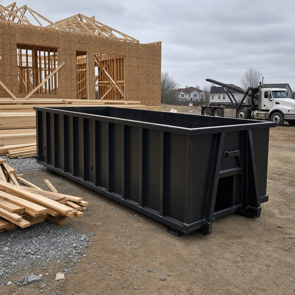 Matte-black 40-yard roll-off dumpster staged on a framed-out residential construction site in Freeport, framing lumber stacked nearby, hooklift delivery truck visible in the background under bright Colorado daylight