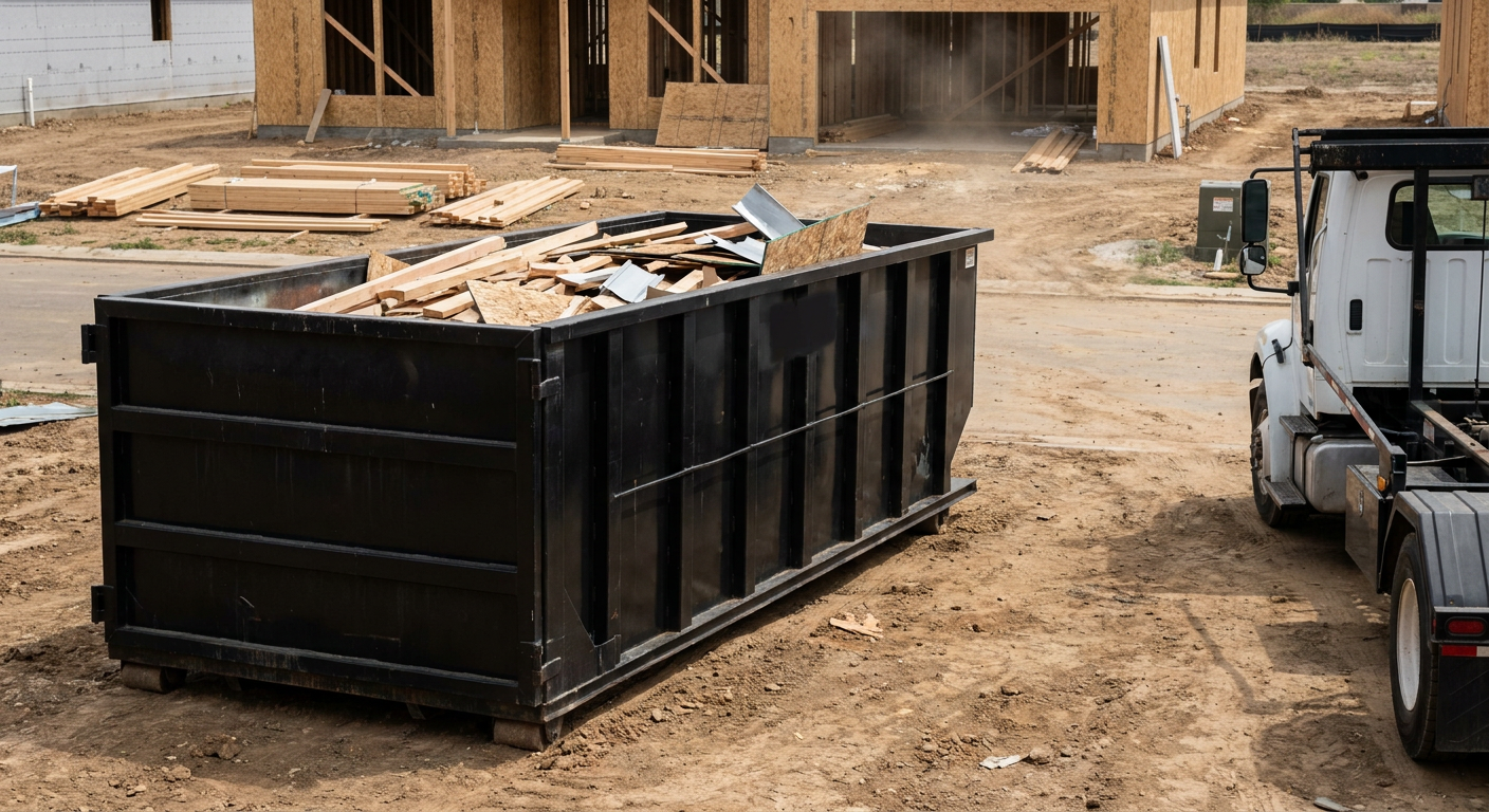 Matte-black 20-yard roll-off construction dumpster with heavy ribbed steel sidewalls and swing rear doors at a working jobsite in Freeport, sitting directly on compacted dirt with an unmarked white hauler partially visible at the far edge of the frame.