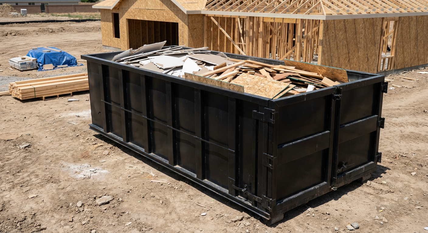 Matte-black 30-yard roll-off construction dumpster sitting directly on the compacted-dirt site of a framed single-family home build in Freeport, drywall and lumber scrap loaded inside.