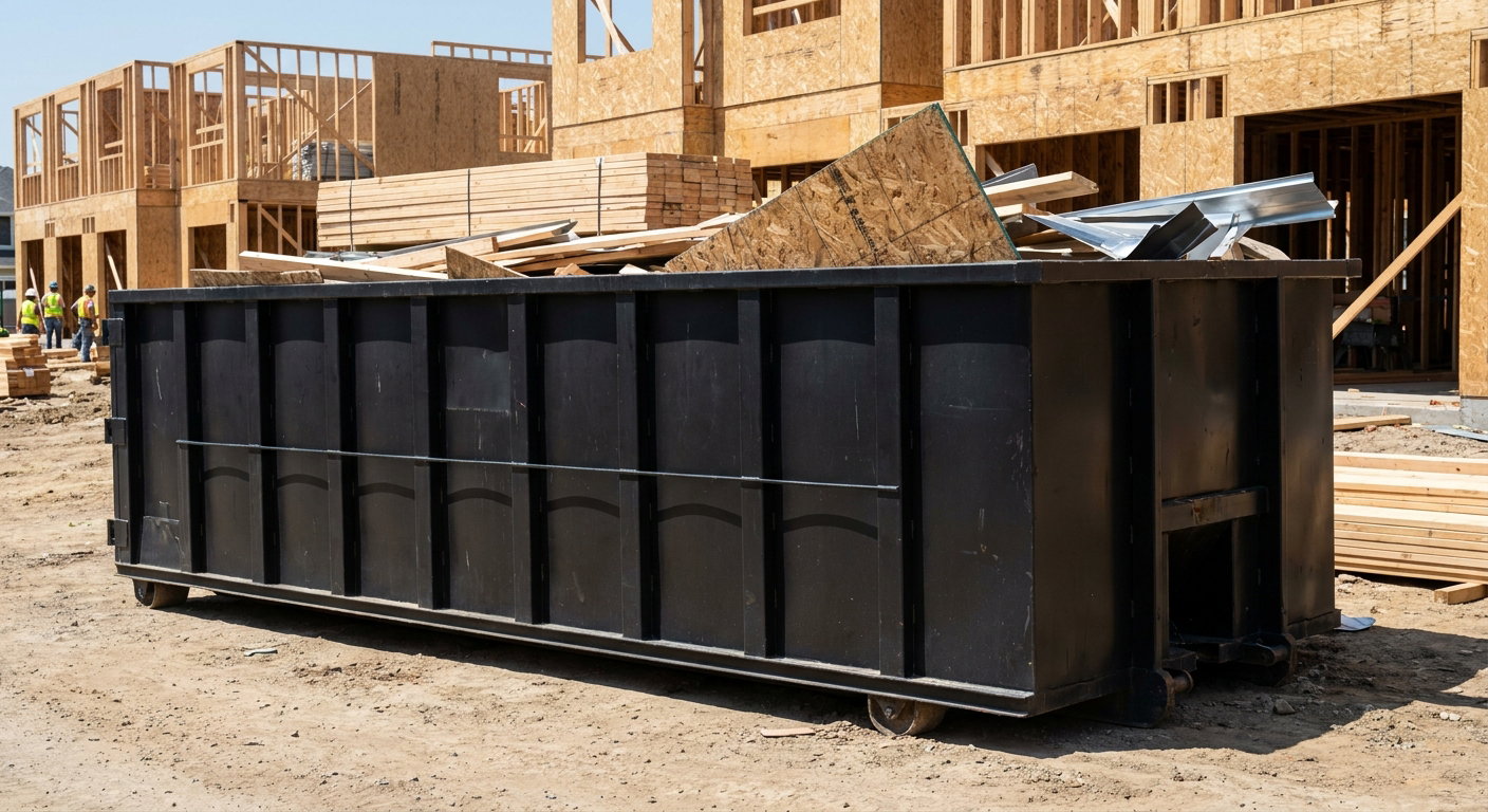Matte-black 40-yard roll-off construction dumpster being lowered from a white-cab hooklift delivery truck onto the compacted-dirt jobsite at a commercial build site in Freeport
