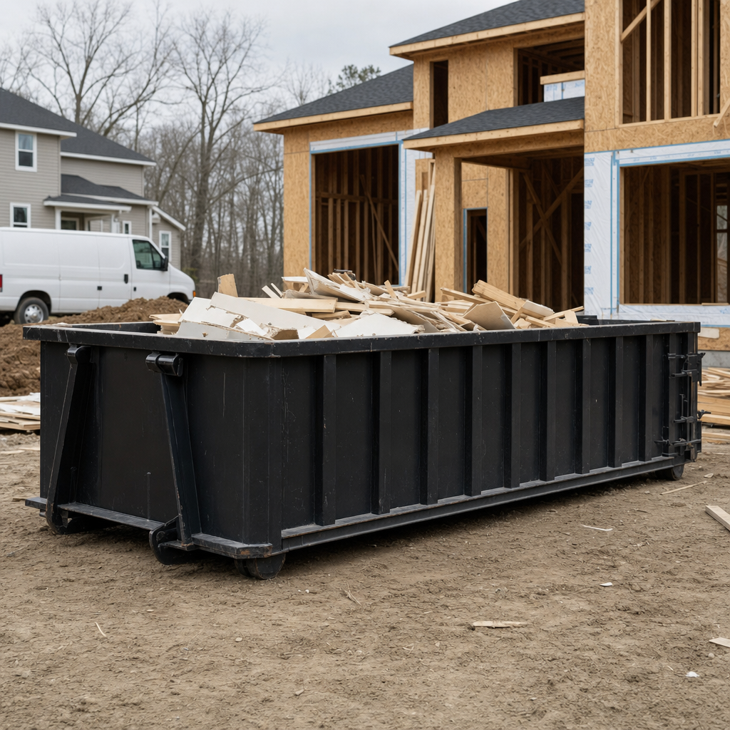 Worker in a yellow high-visibility vest tossing framing lumber and broken drywall into a matte-black 30-yard construction roll-off dumpster on an active build site in Freeport, bright daylight