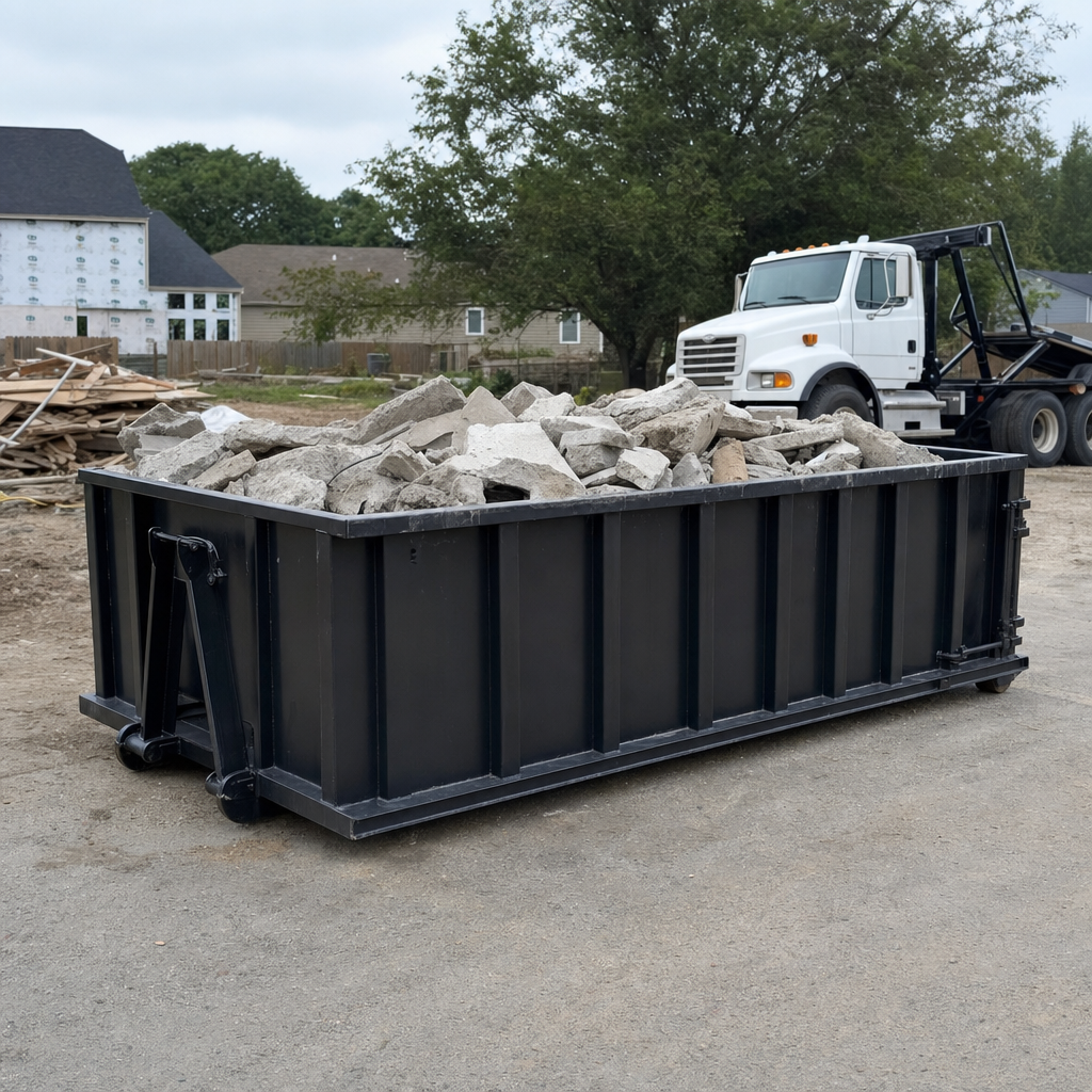 Low-profile matte-black lowboy roll-off dumpster loaded with broken concrete slab and rebar at a foundation tear-out in Freeport, skid steer parked beside it, sunny Colorado morning