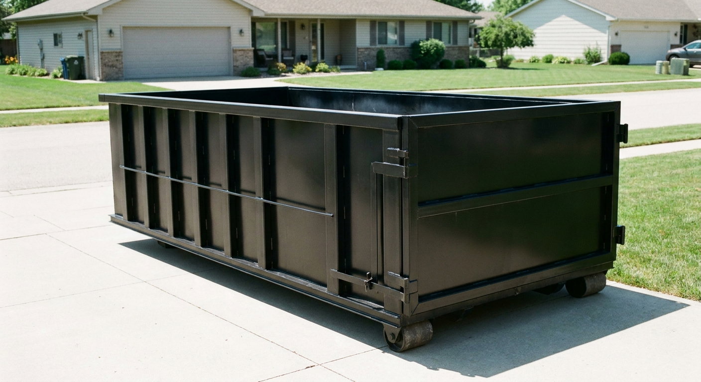 Matte-black 10-yard roll-off dumpster on a residential concrete driveway in Freeport, uniformly painted matte black across every panel and rail, ribbed steel sidewalls and rear swing door visible, mid-day daylight.