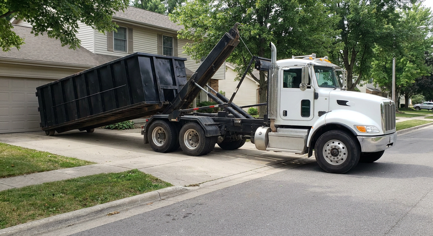 White-cab hooklift roll-off truck actively lowering a matte-black dumpster onto a Freeport residential concrete driveway, the dumpster's rear wheels touching the driveway as the hoist arm tilts the bed forward, mid-morning daylight.