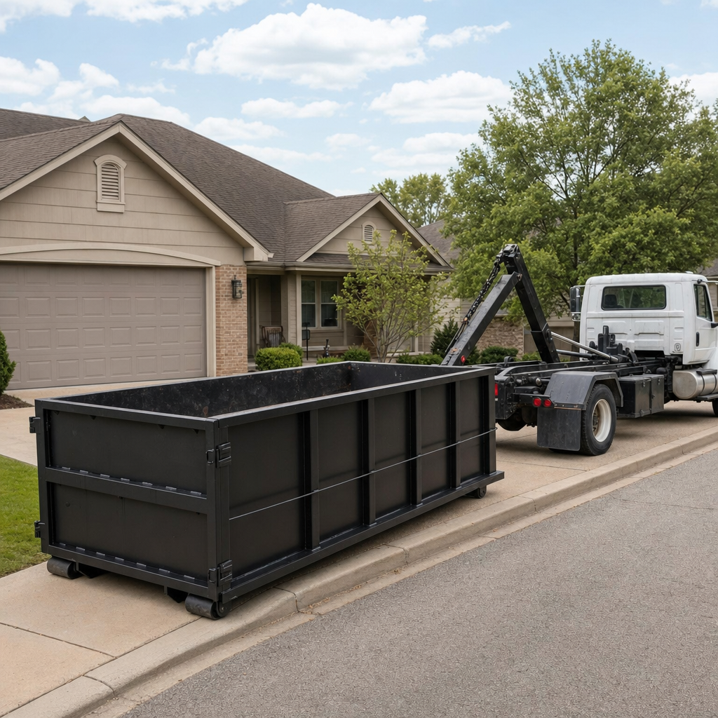 Wide documentary shot of a matte-black roll-off dumpster on a Freeport residential driveway in the foreground and a contractor jobsite container in the soft-focus background, bright daylight, calm and orderly composition.