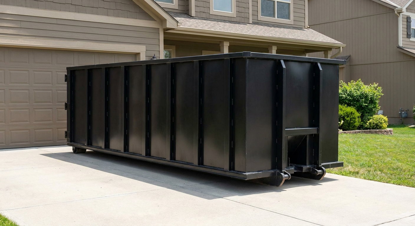 Matte-black residential roll-off dumpster sitting directly on a suburban Freeport concrete driveway, garage door closed, single-family home in background, bright morning daylight.