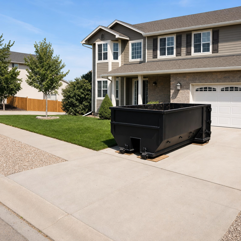 10-yard matte-black residential dumpster placed directly on a narrow Freeport concrete driveway, room remains for a parked sedan beside it, mid-morning natural light
