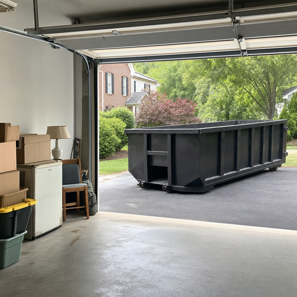 Open garage interior in a Freeport home mid-cleanout — boxed items, an old appliance, and stacked yard tools queued near the driveway for a matte-black roll-off dumpster, organized and calm