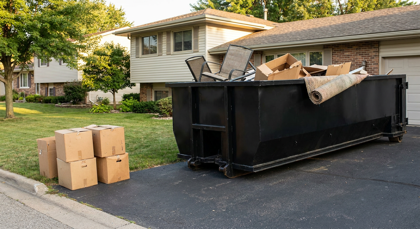 Front-yard view of a Freeport split-level home with a 20-yard matte-black roll-off dumpster sitting directly on the asphalt driveway, a few clearly labeled donation boxes staged at the curb, calm sunny afternoon.