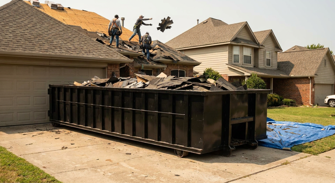 Matte-black roofing roll-off dumpster placed directly on a Freeport residential concrete driveway, a tear-off crew on a two-story asphalt-shingle roof tossing shingle bundles into the low-walled container, bright daylight, documentary 35mm perspective.
