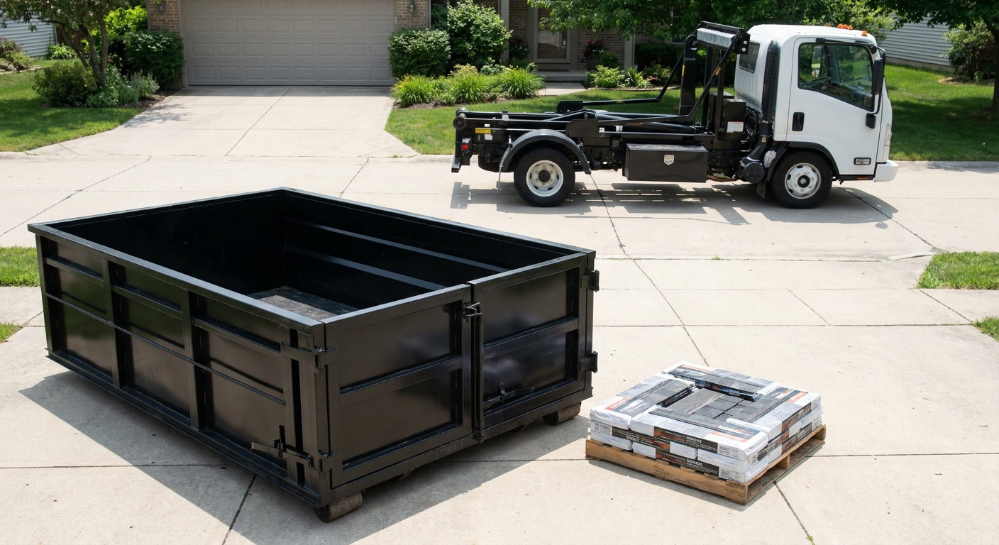 Matte-black 15-yard roofing roll-off dumpster with reinforced low side walls sitting directly on a Freeport residential concrete driveway, three-tab asphalt shingle bundles stacked nearby, an unmarked white hauler truck partially visible at the edge of the frame.
