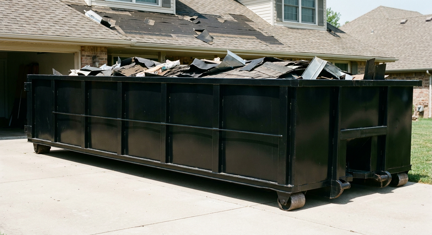 Matte-black 20-yard roofing roll-off dumpster with steel ribbed sides and swinging rear door, sitting directly on the concrete driveway of a two-story Freeport home, asphalt shingle debris being loaded over the low wall, clean documentary lighting.