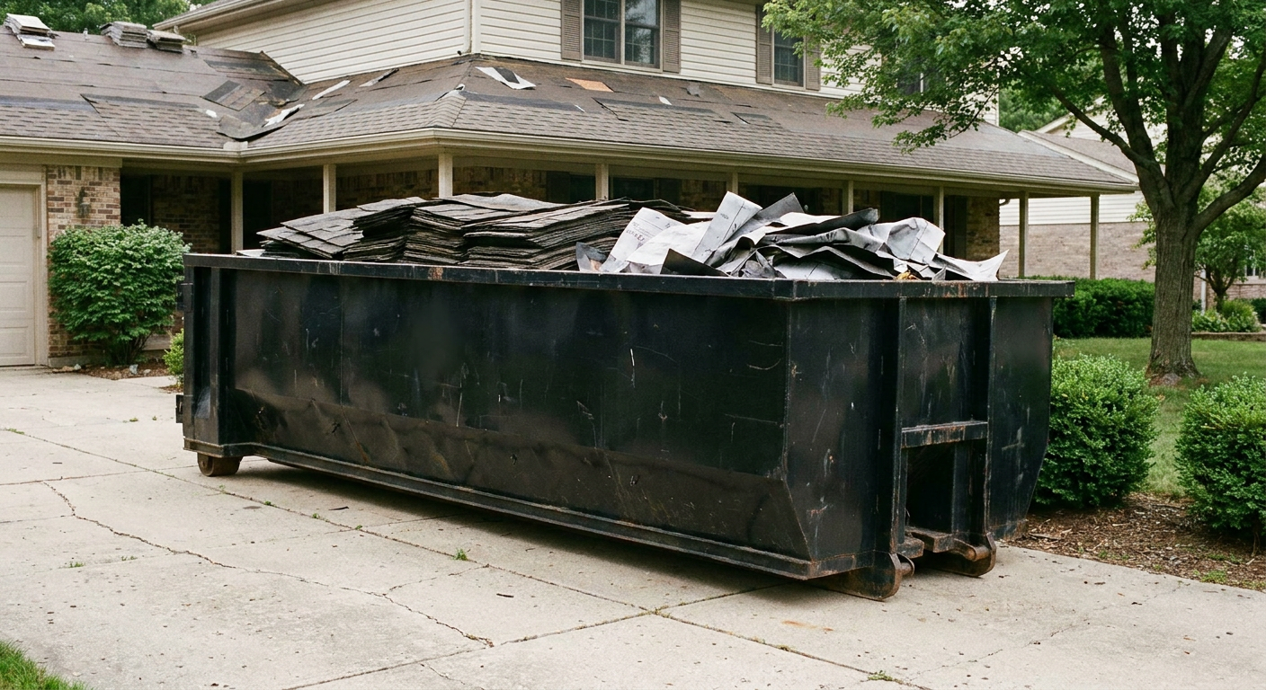 Matte-black 30-yard roofing roll-off dumpster sitting directly on a Freeport concrete driveway, taller ribbed steel side panels, mixed tear-off debris of asphalt shingles and underlayment inside, professional documentary daylight.