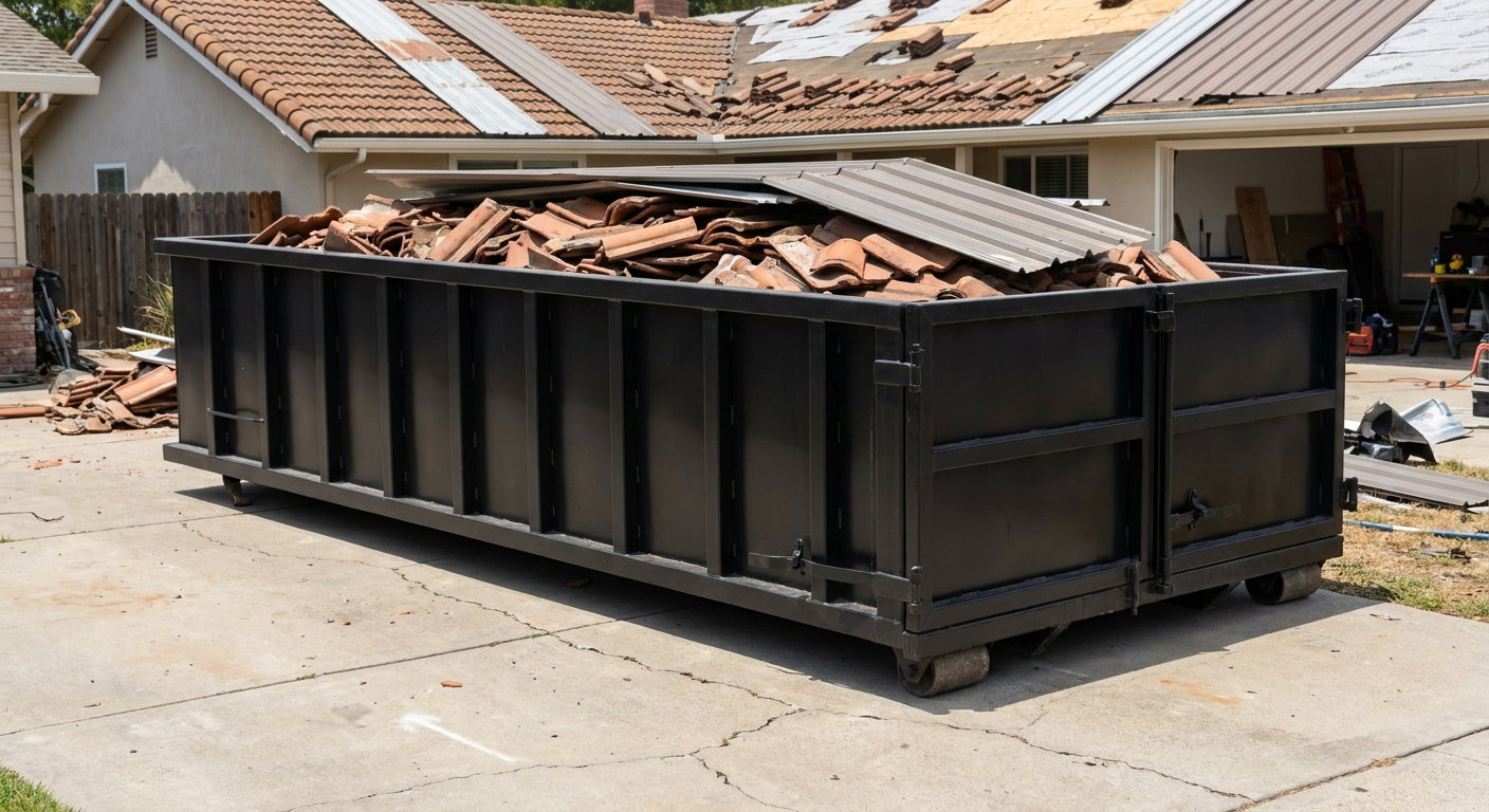 Matte-black low-wall heavy-debris roofing roll-off dumpster sitting directly on a Freeport concrete driveway, broken concrete clay roof tiles and metal panel sections loaded inside, reinforced ribbed steel side walls visible, bright outdoor daylight.