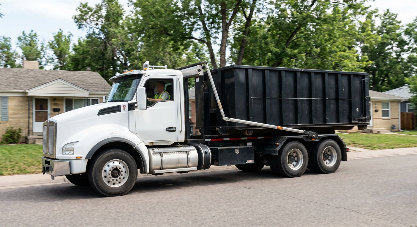 A wide documentary shot of a matte-black roll-off delivery truck pulling onto a quiet Freeport residential street at mid-morning, with neighborhood rooftops and tree-lined blocks visible behind, showing the metro coverage footprint.