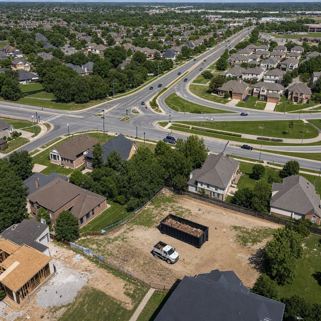 An overhead documentary view of the Freeport metro area at midday, showing the spread of neighborhoods, arterial roads, and the dispatch radius from a central yard — clean daylight, organized geographic layout.