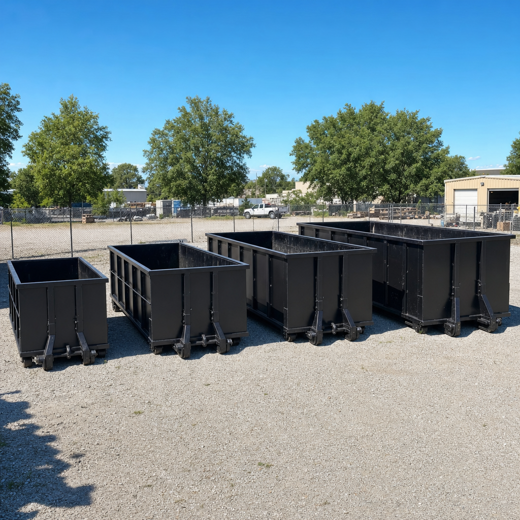 A clean lineup of matte-black roll-off dumpsters in 10, 20, 30, and 40-yard sizes staged on a sunlit gravel yard in Freeport, showing the size progression from compact to commercial-scale containers.