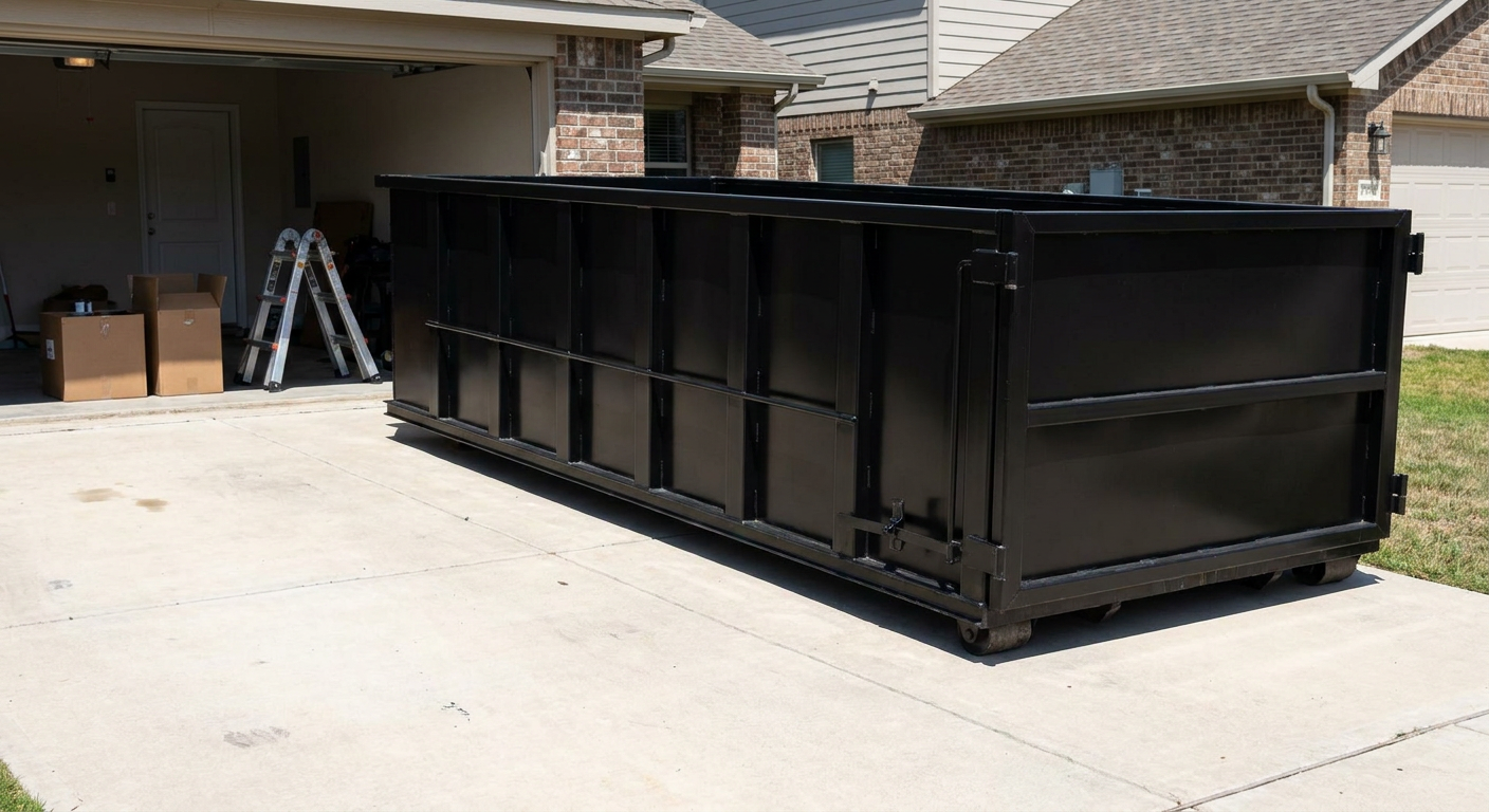 A matte-black 10-yard roll-off dumpster sitting directly on a residential Freeport concrete driveway, mid-day sunlight, clean and ready for a garage cleanout.