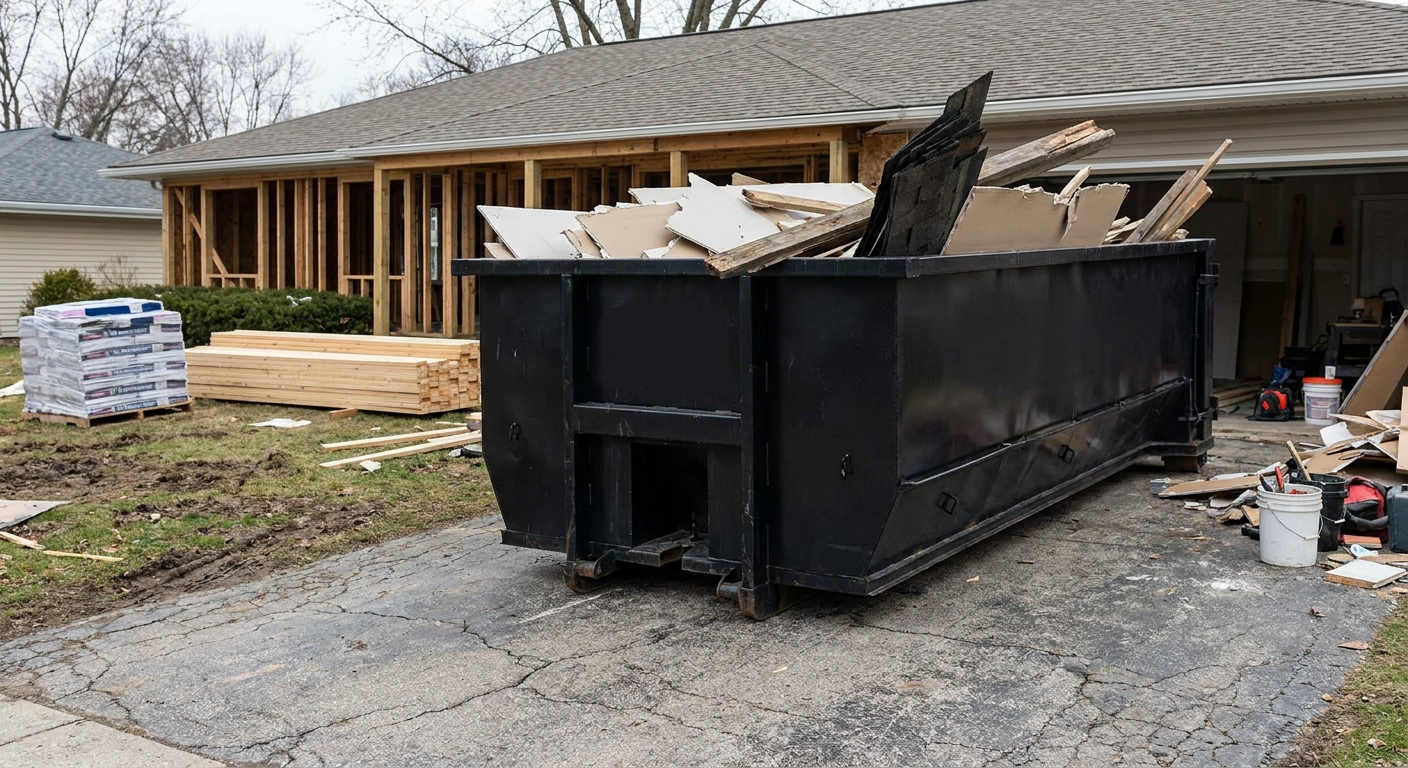 A matte-black 20-yard roll-off dumpster placed alongside a mid-renovation Freeport home directly on the asphalt driveway, with framing materials and torn-off shingles staged neatly nearby.