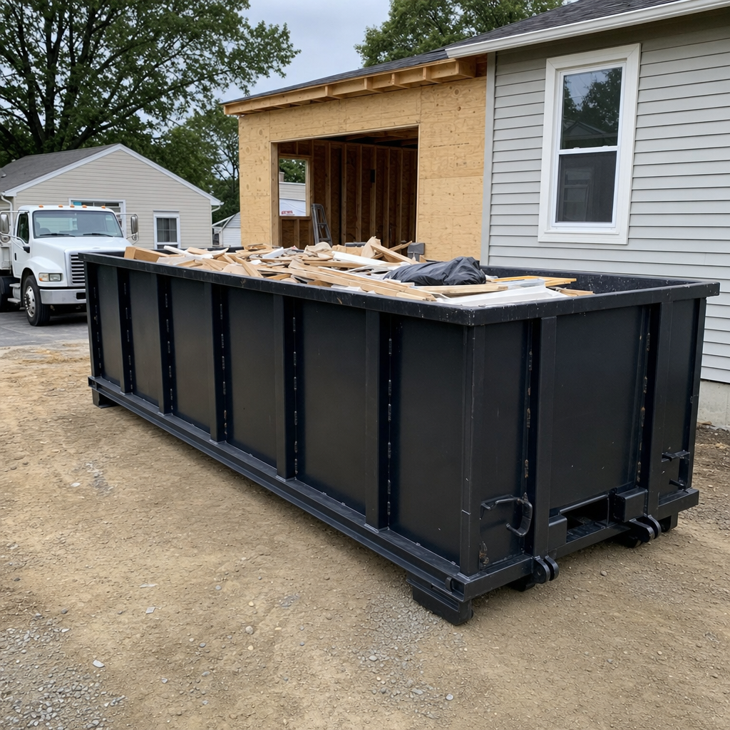 A matte-black 30-yard roll-off dumpster positioned at a Freeport residential addition jobsite, with framing lumber and drywall scraps loaded through the open swinging rear doors.