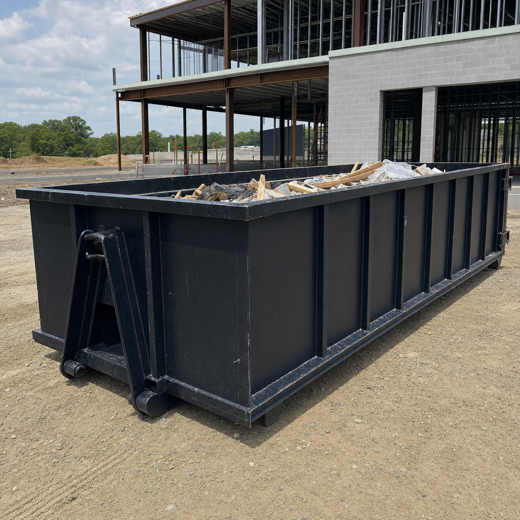 A matte-black 40-yard roll-off dumpster staged on a large Freeport commercial construction lot, with a hooklift delivery truck parked alongside under bright midday sky.