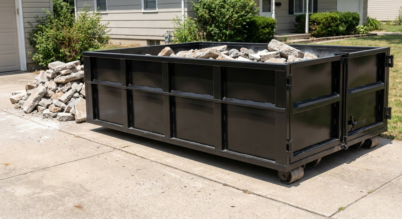 A matte-black low-side heavy-debris roll-off dumpster placed directly on a Freeport concrete driveway, with broken concrete chunks neatly stacked beside it under clean daylight.